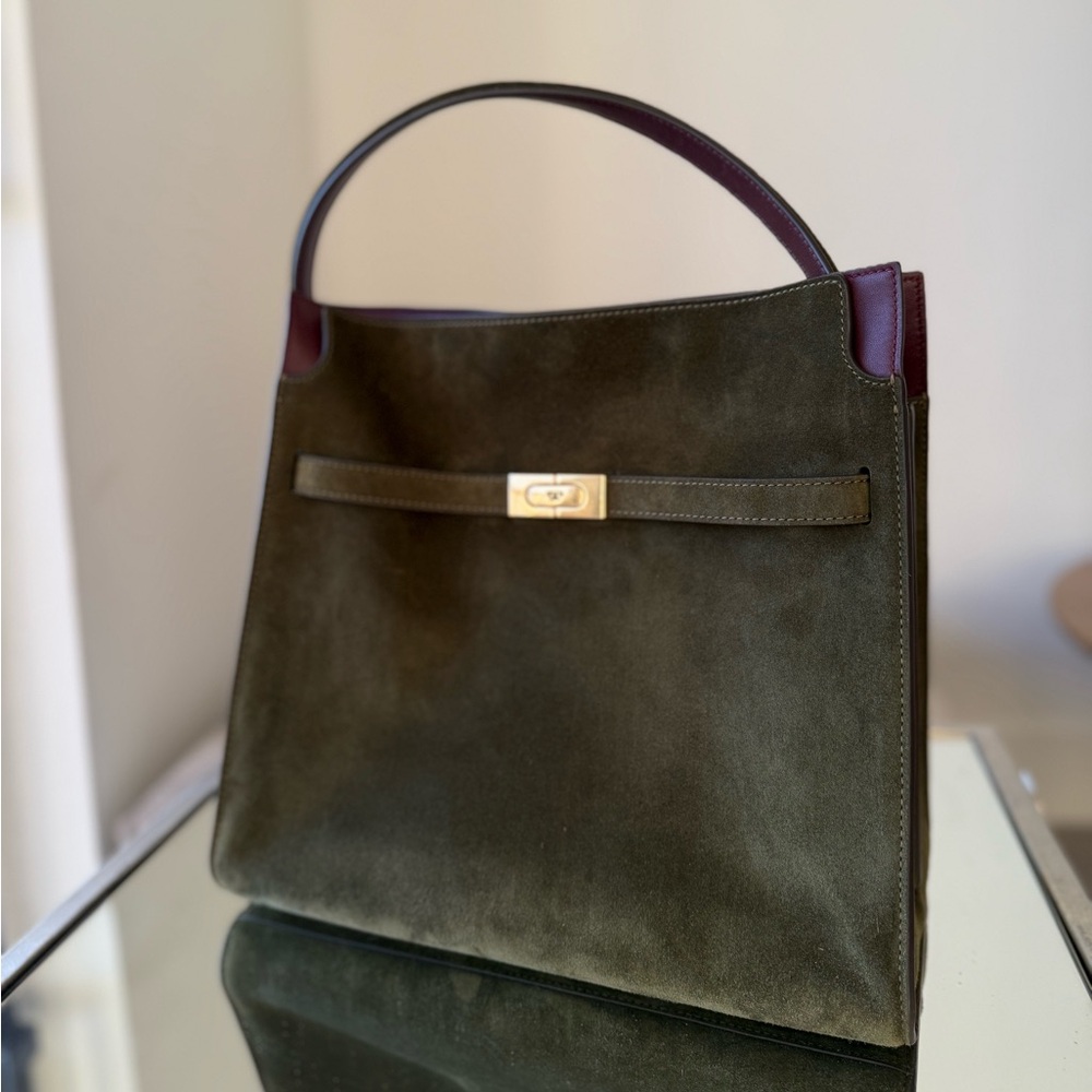 Tory Burch Large Lee Radziwill Olive Green Suede Satchel with Burgundy Trim - Picture 7 of 12